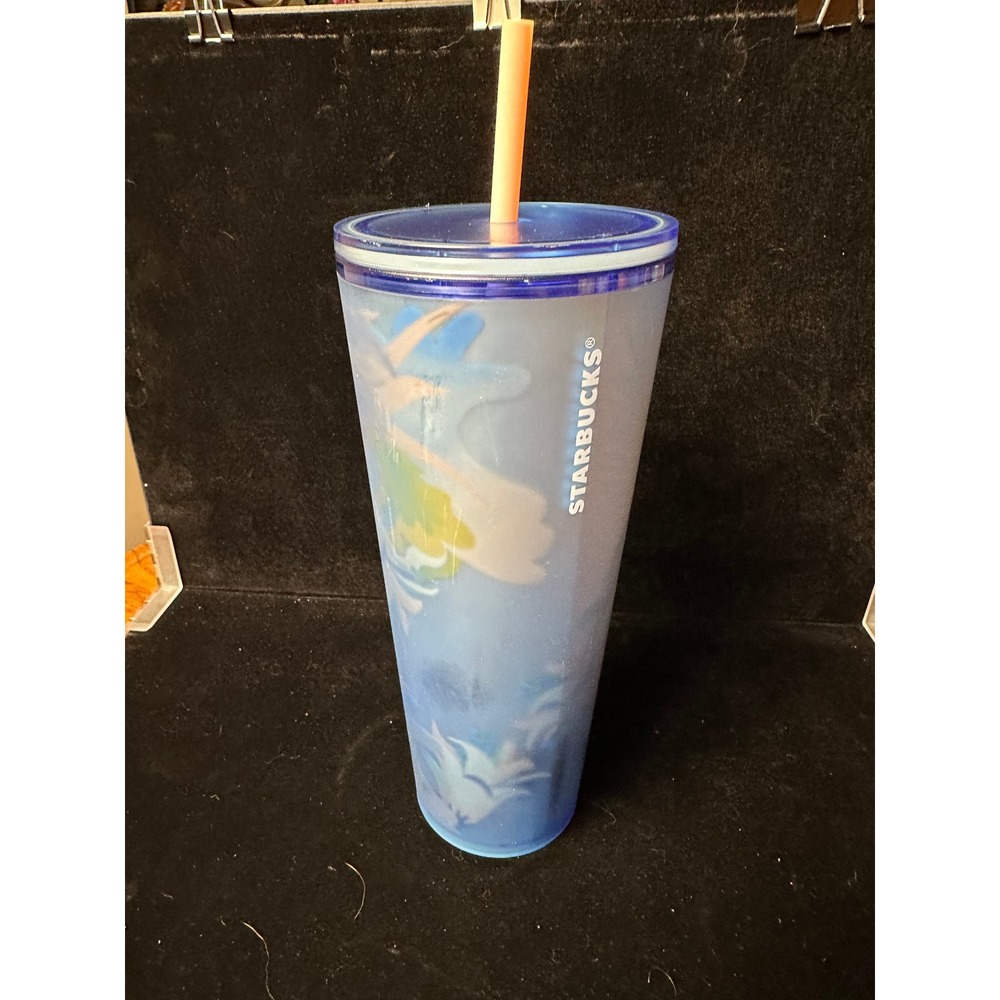 Starbucks Blue Frosted Floral Venti Cold Cup Tumbler 24oz with‎ Peach Straw